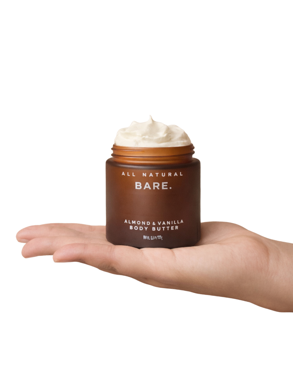 Jar of Bare Almond & Vanilla Body Butter held in a hand on a white background